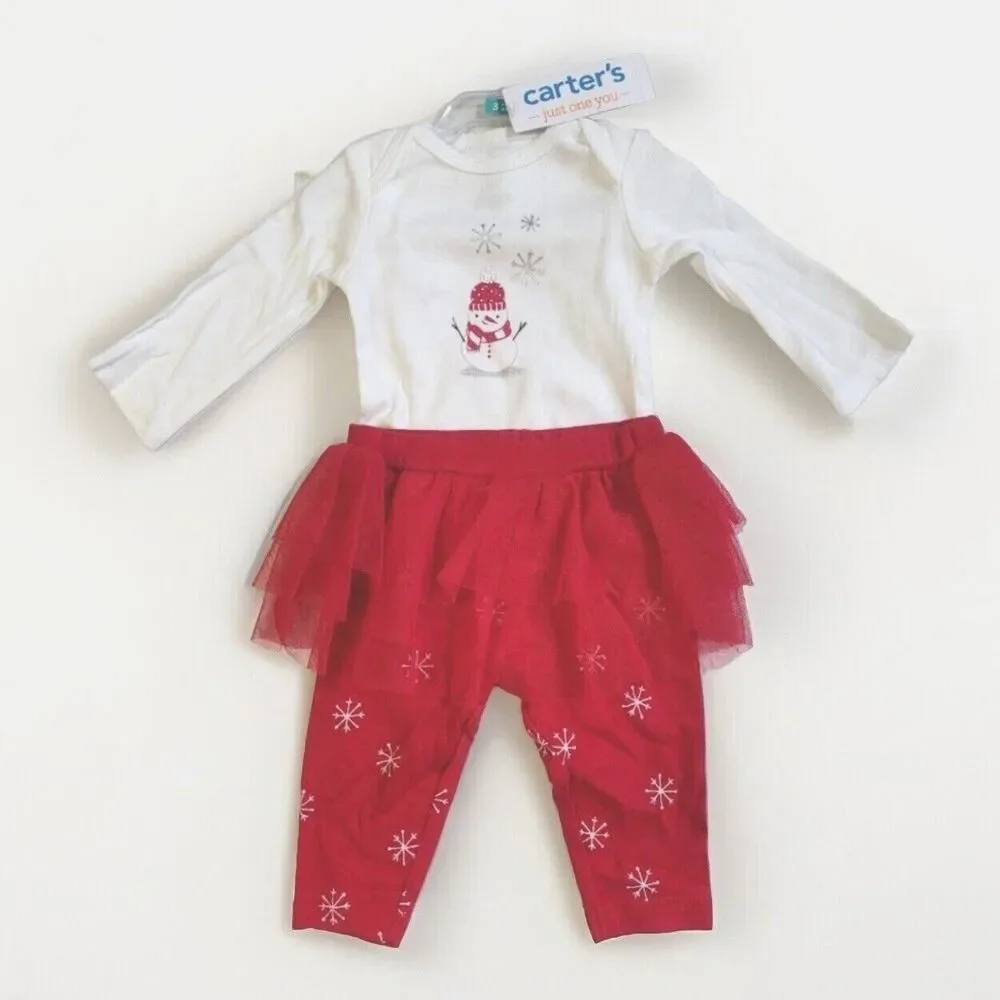 Carter's Red & White Baby Girls Christmas Holiday Snowman Snowflake Tutu Set NEW